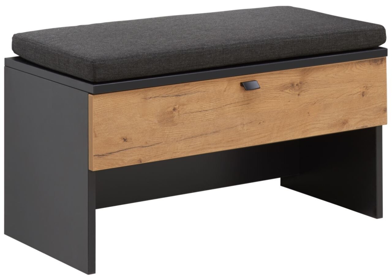 Sitzkissen auf einer modernen Bank mit Holzfront und schwarzem Gestell, seitliche Perspektive