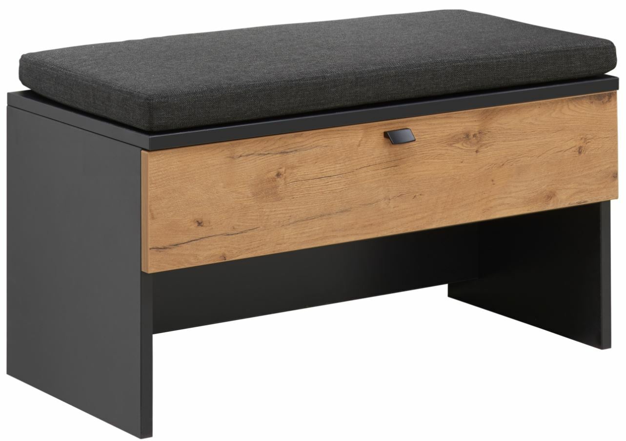 Sitzkissen auf einer modernen Bank mit Holzfront und schwarzem Gestell, seitliche Perspektive