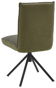 Rückansicht eines grünen Stuhls mit schwarzem Metallgestell und vier Beinen