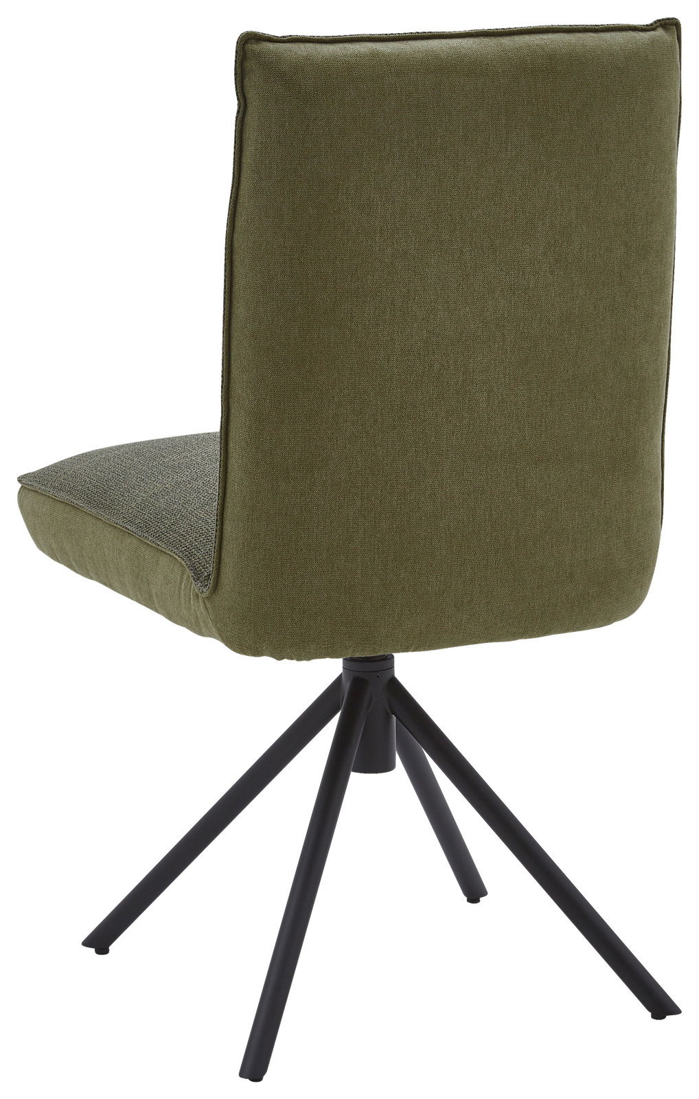 Rückansicht eines grünen Stuhls mit schwarzem Metallgestell und vier Beinen