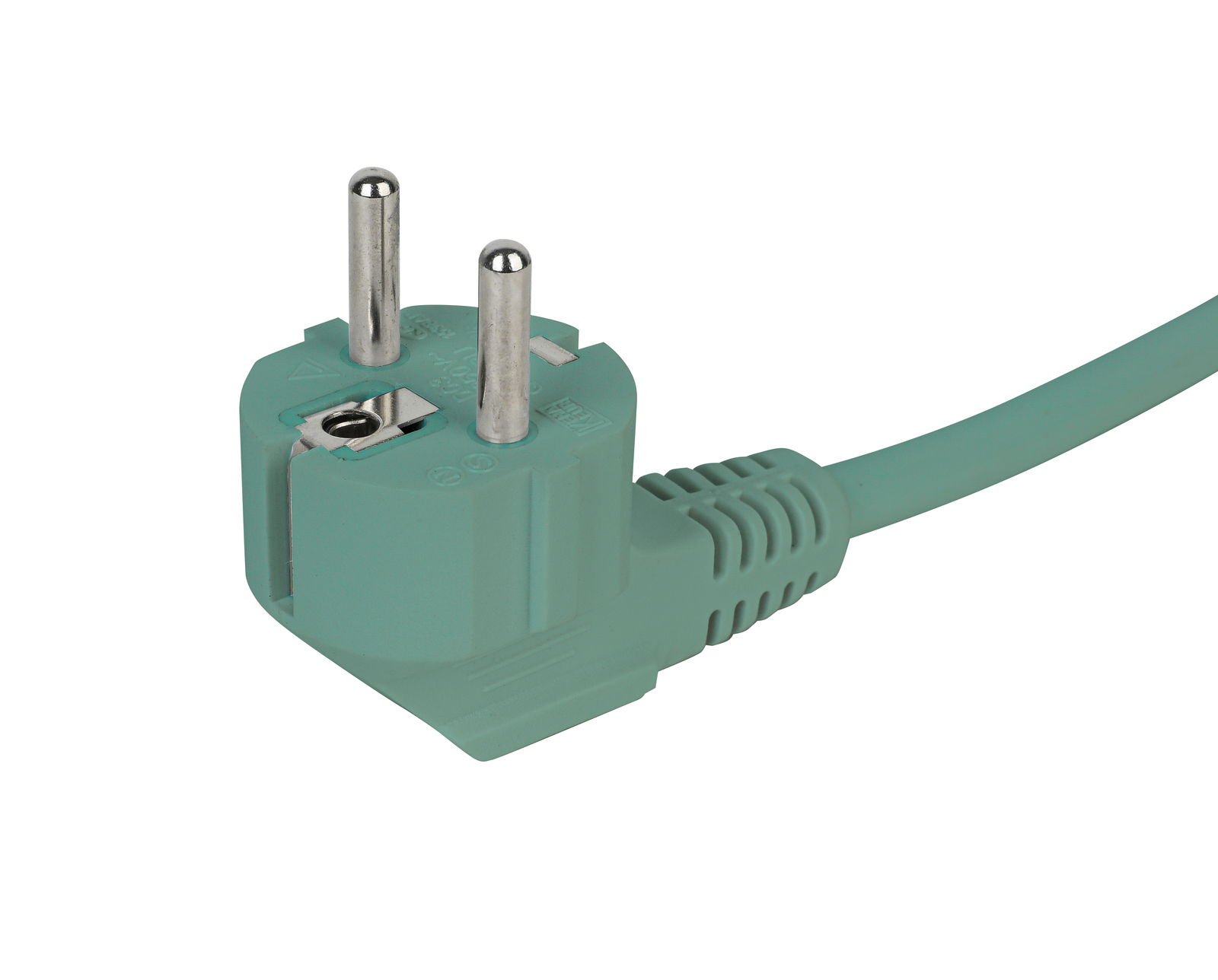 Grüner Schuko-Stecker mit Kabel, seitliche Perspektive