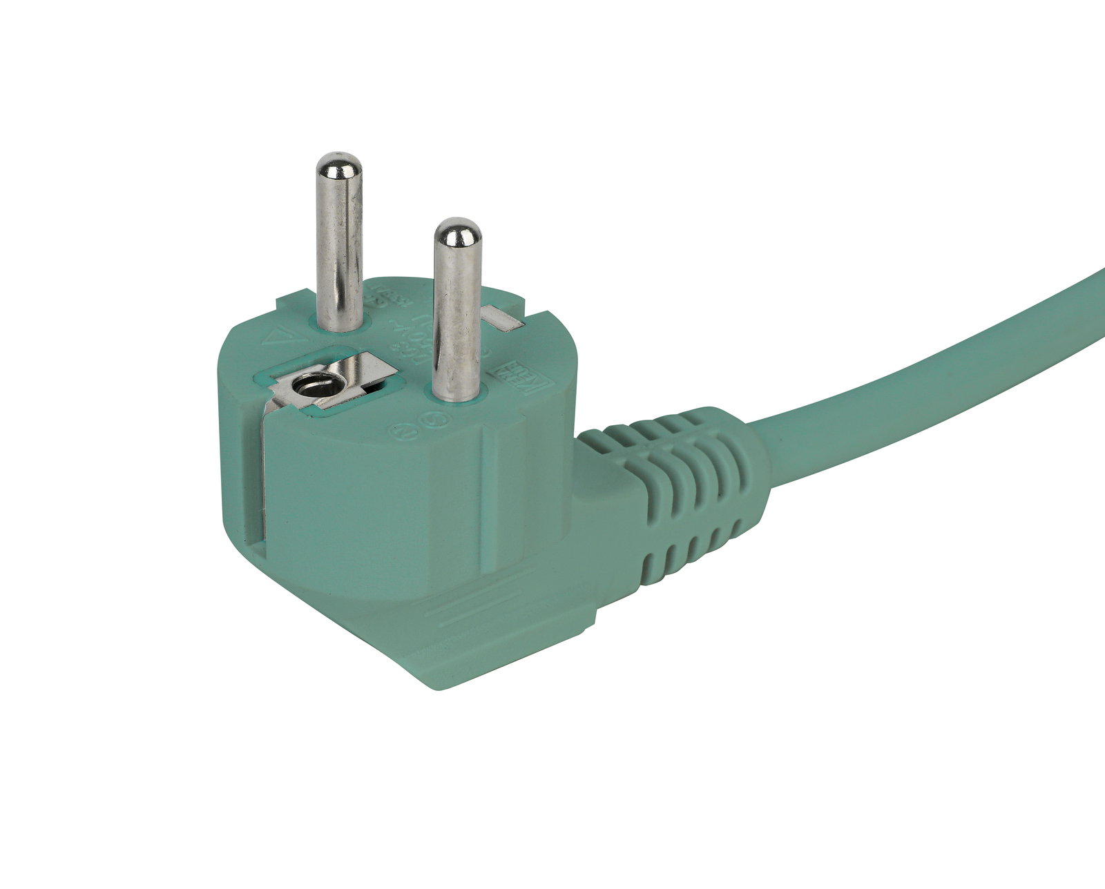 Grüner Schuko-Stecker mit Kabel, seitliche Perspektive