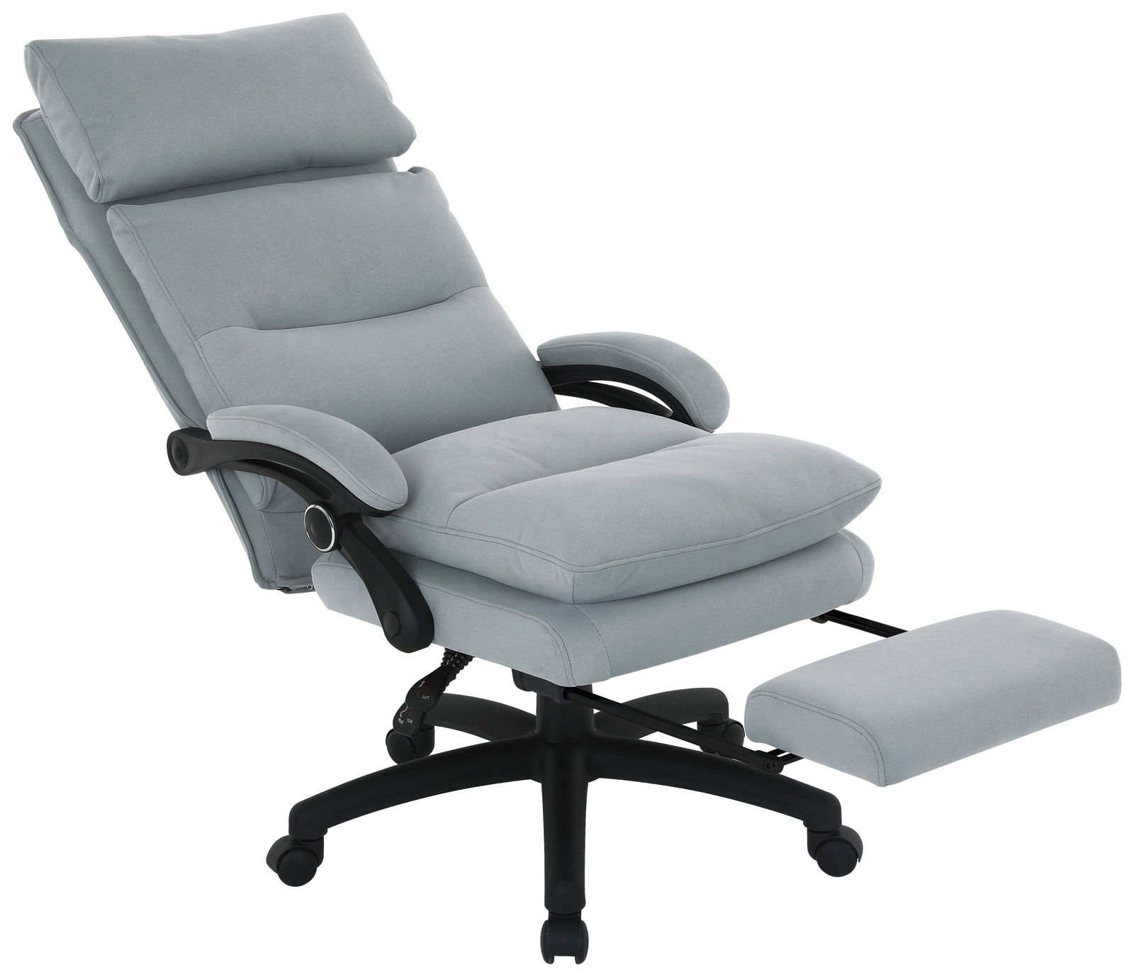 Bequemer Chefsessel in hellgrau mit verstellbarer Rückenlehne und ausziehbarer Fußstütze, seitliche Perspektive