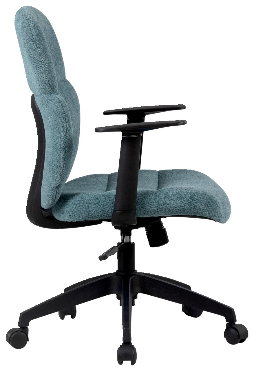 Moderner Drehstuhl in Seitenansicht mit verstellbaren Armlehnen und gepolstertem Sitz in Blau.