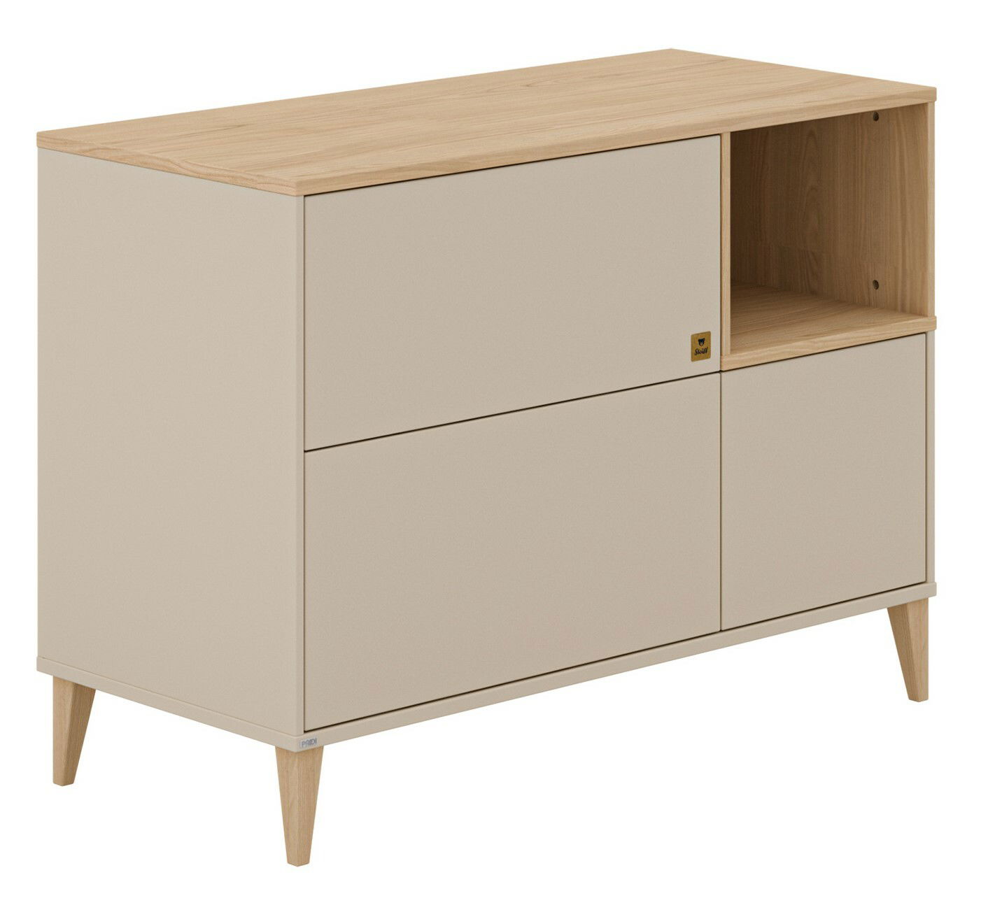 Kommode Paidi MILA&BEN in hellem Holzdesign mit drei Schubladen und einem offenen Fach, seitliche Perspektive