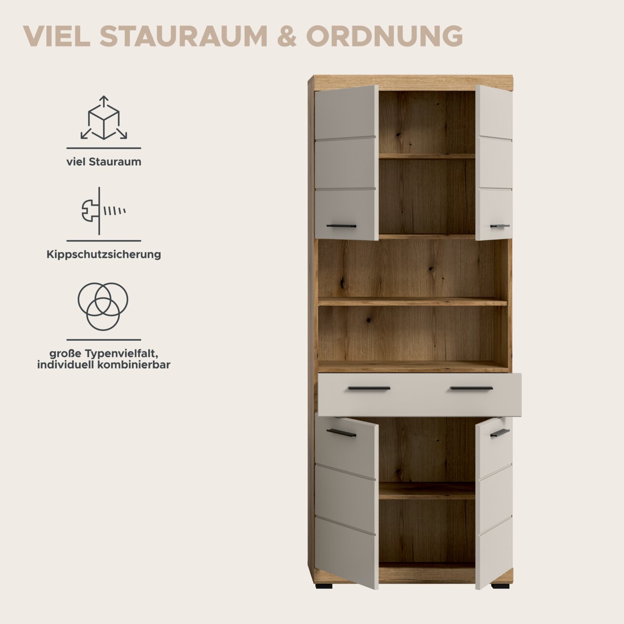 Hoher Stauraumschrank in Holzoptik mit weißen Fronten und schwarzen Griffen, mit geöffneten Türen und Schublade, Innenfächer sichtbar, Frontansicht.