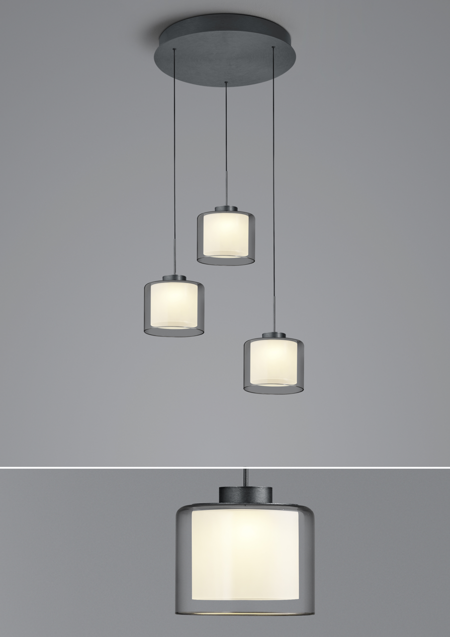 Dreifache LED-Pendelleuchte KLARA mit zylindrischen, weißen Schirmen, von unten betrachtet.