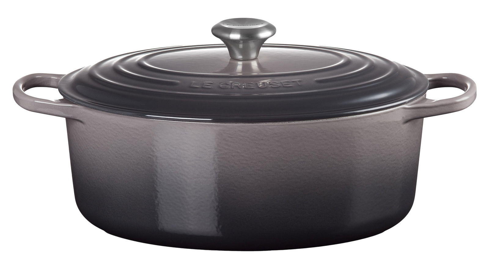 Grauer ovaler Bräter mit Deckel und Griffen, seitliche Perspektive