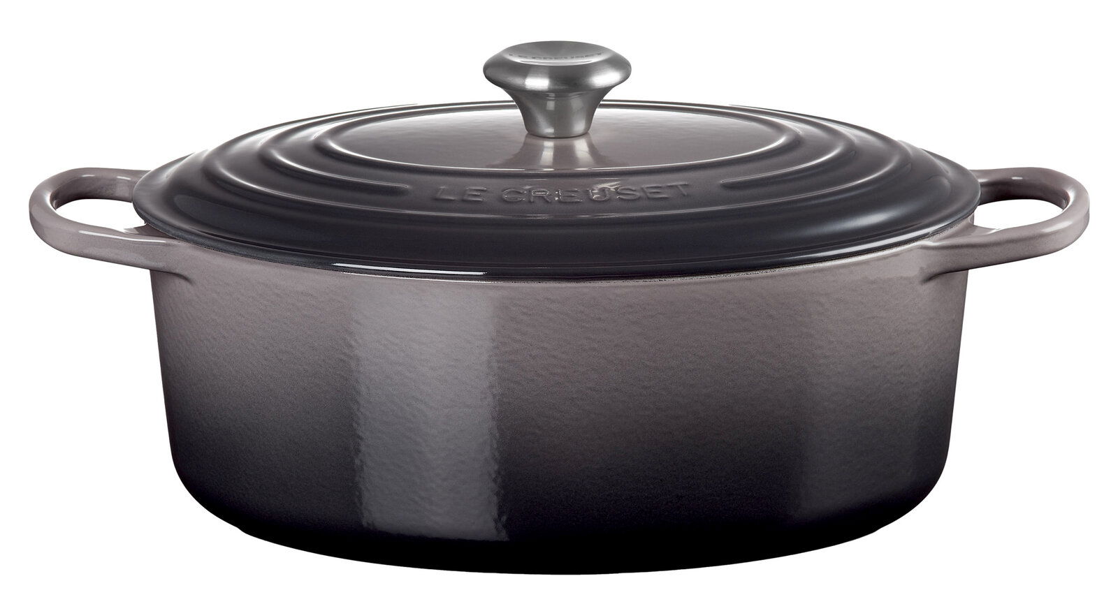 Grauer ovaler Bräter mit Deckel und Griffen, seitliche Perspektive