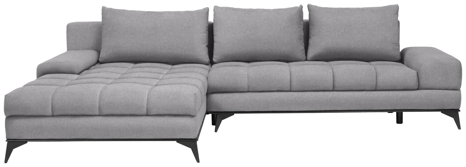 Graues Ecksofa mit Ottomane links, moderne Metallfüße, Vorderansicht