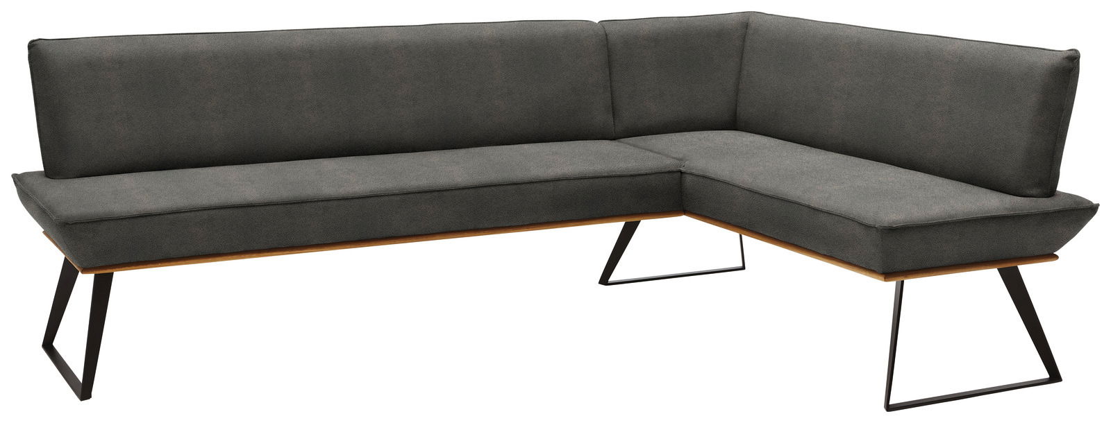 Voleo Hoekbank 243 x 183 cm MALIBU Moderne Eckbank in dunklem Grau mit Metallbeinen, Perspektive von vorne links