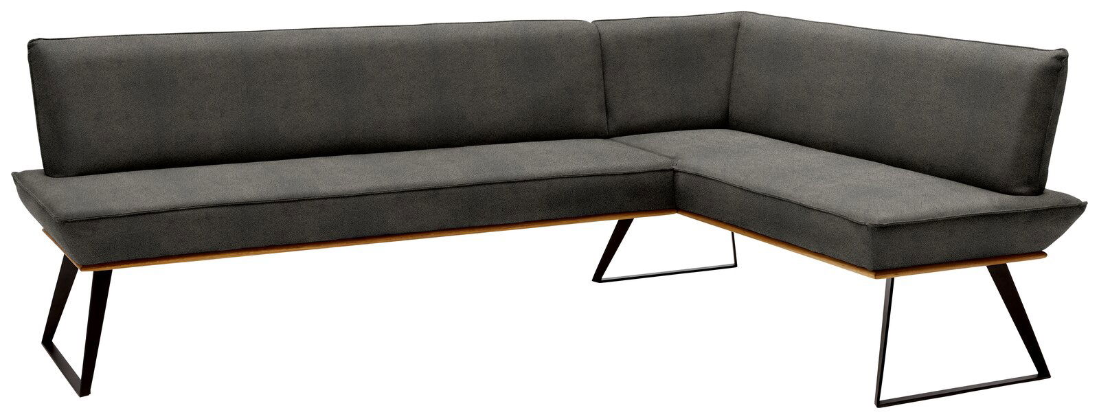 Voleo Eckbank 243x183 cm MALIBU Moderne Eckbank in dunklem Grau mit Metallbeinen, Perspektive von vorne links