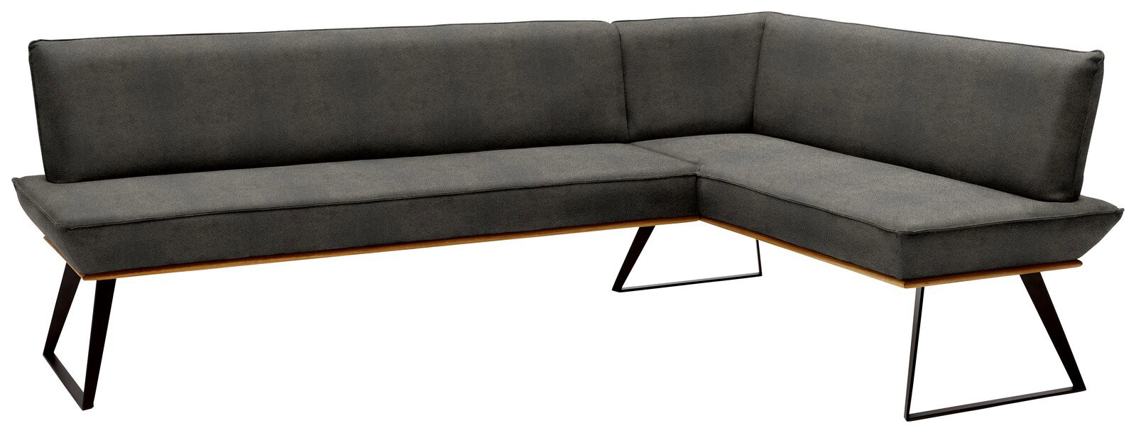Voleo Eckbank 243x183 cm MALIBU Moderne Eckbank in dunklem Grau mit Metallbeinen, Perspektive von vorne links