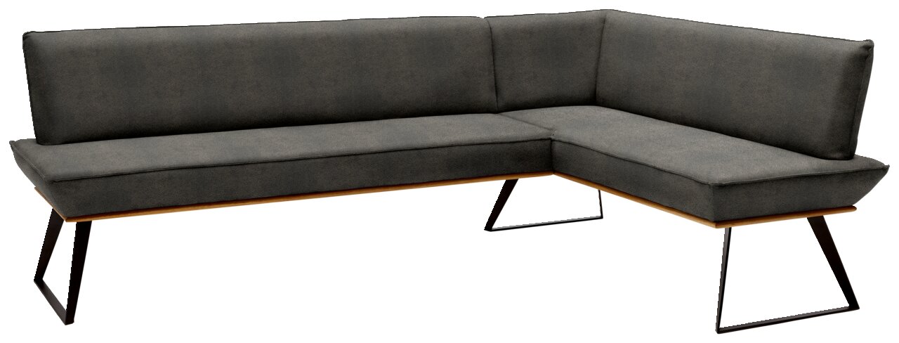 Moderne Eckbank in dunklem Grau mit Metallbeinen, Perspektive von vorne links