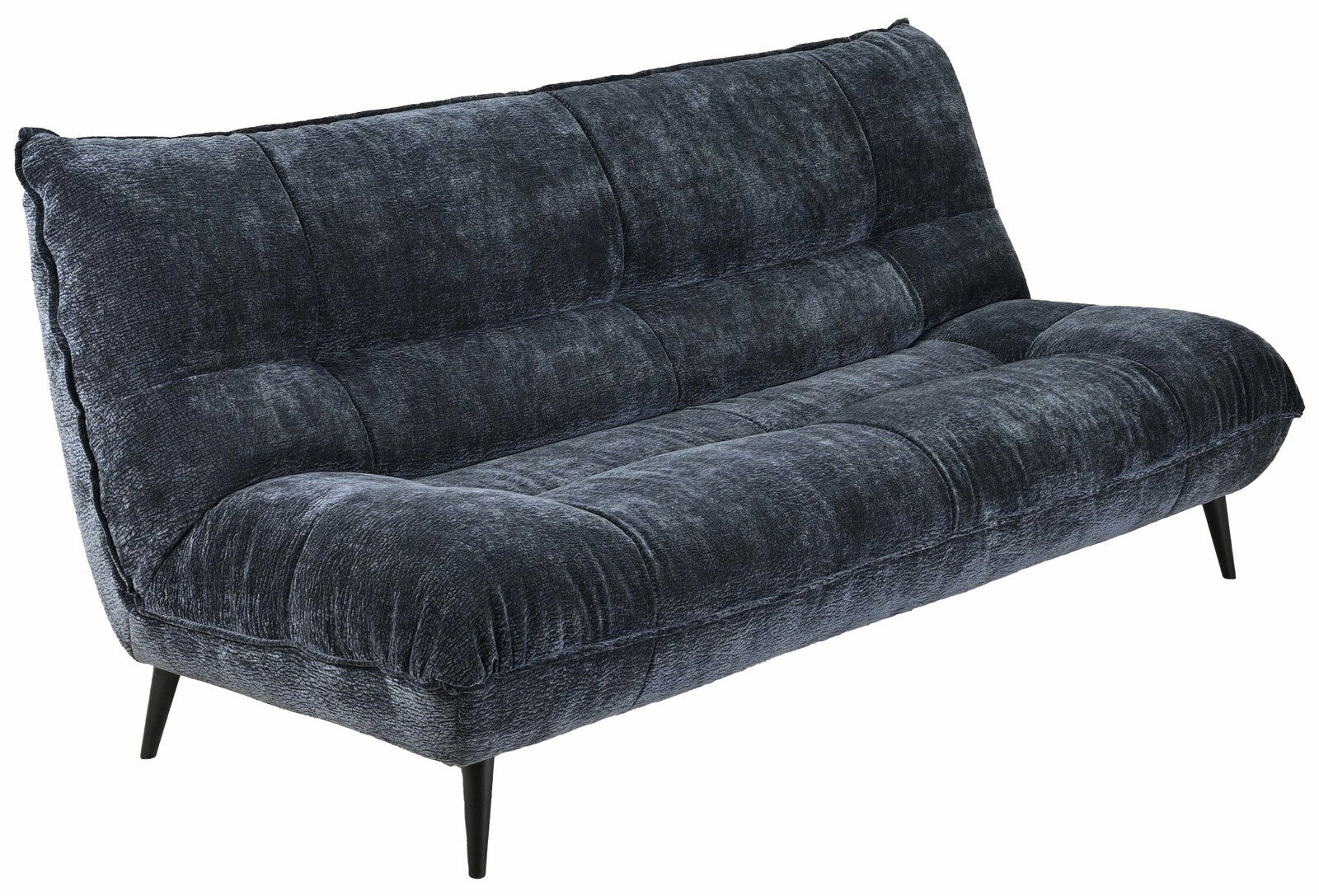 Dunkelblaues, dreisitziges Sofa mit weichem Stoffbezug und schwarzen, schrägen Beinen, seitliche Perspektive