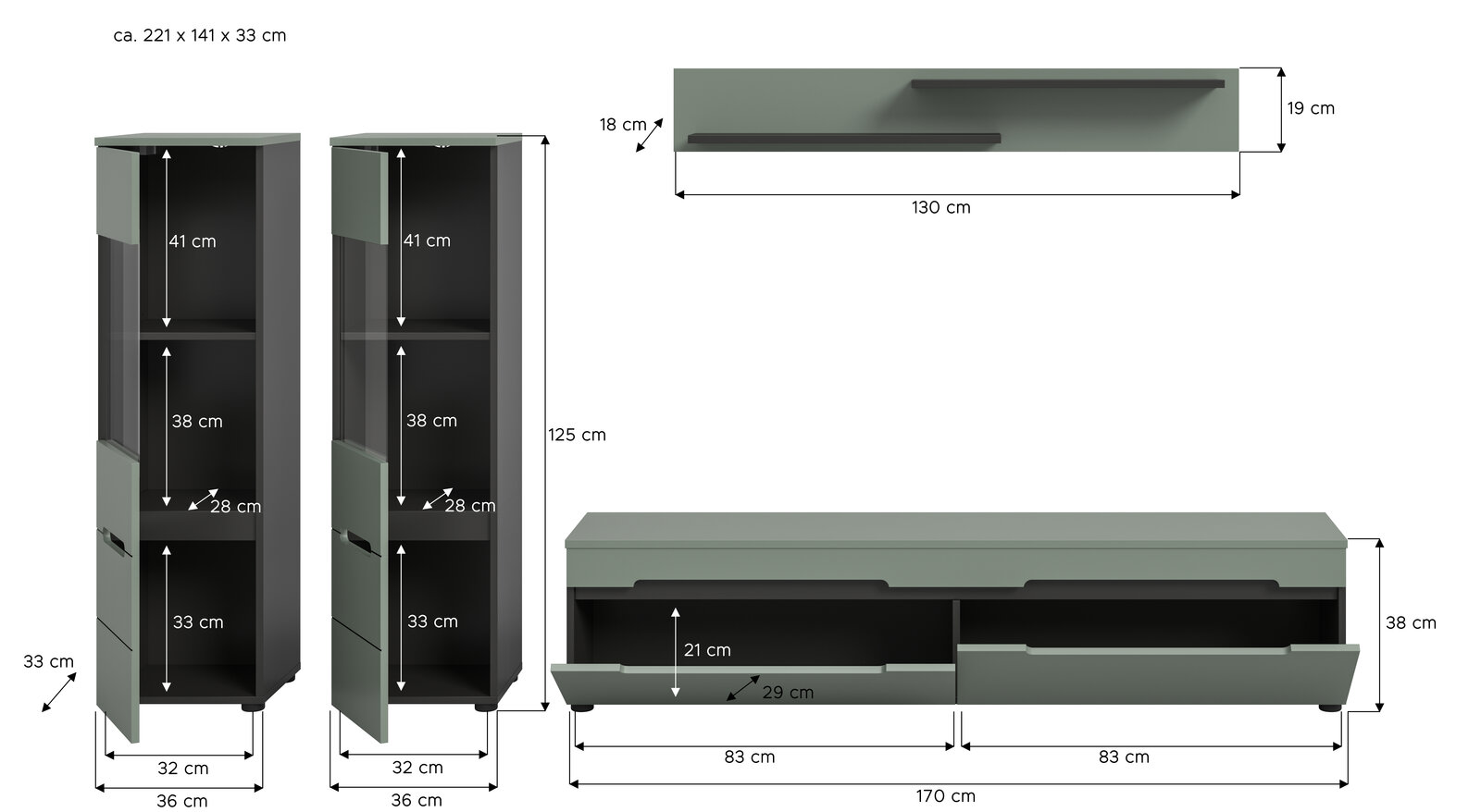 Maßskizze eines modernen Wohnzimmermöbel-Sets in Salbeigrün/Anthrazit: hoher Vitrinenschrank mit Glastür und Fächern sowie niedriges TV-Lowboard mit zwei Schubladen und Wandboard; dargestellt in Front- und Seitenansicht mit Bemaßungen.