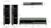 Maßskizze eines modernen Wohnzimmermöbel-Sets in Salbeigrün/Anthrazit: hoher Vitrinenschrank mit Glastür und Fächern sowie niedriges TV-Lowboard mit zwei Schubladen und Wandboard; dargestellt in Front- und Seitenansicht mit Bemaßungen.