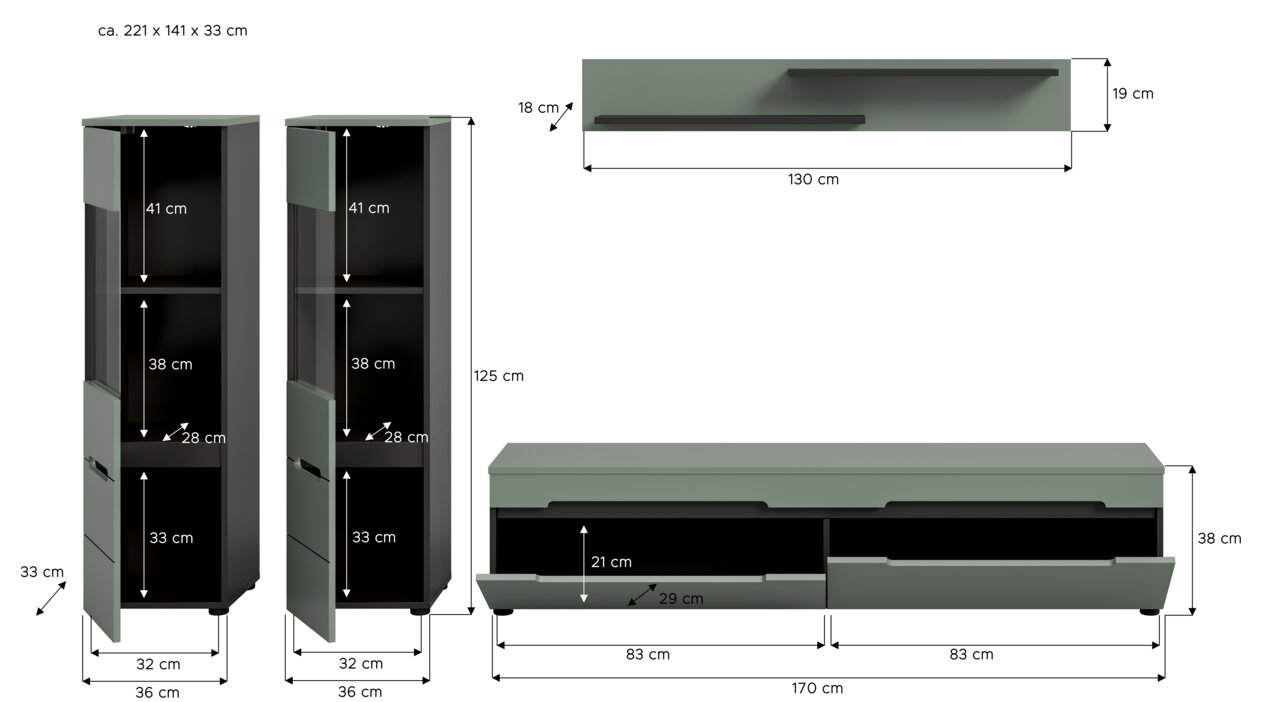 Maßskizze eines modernen Wohnzimmermöbel-Sets in Salbeigrün/Anthrazit: hoher Vitrinenschrank mit Glastür und Fächern sowie niedriges TV-Lowboard mit zwei Schubladen und Wandboard; dargestellt in Front- und Seitenansicht mit Bemaßungen.