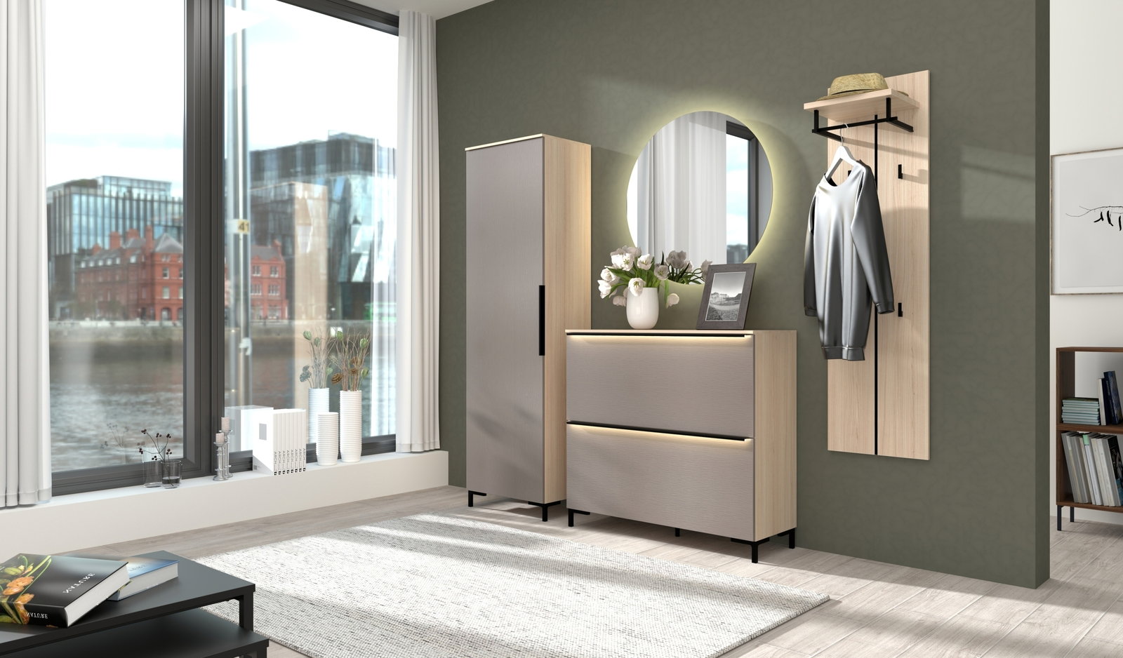 Voleo Garderoben-Kombination 4-tlg. STARLIGHT Moderne Garderobenkombination in einem hellen Raum mit großem Fenster, bestehend aus einem Hängeschrank, einem Schuhschrank und einem Garderobenpaneel mit Spiegel, seitliche Perspektive.