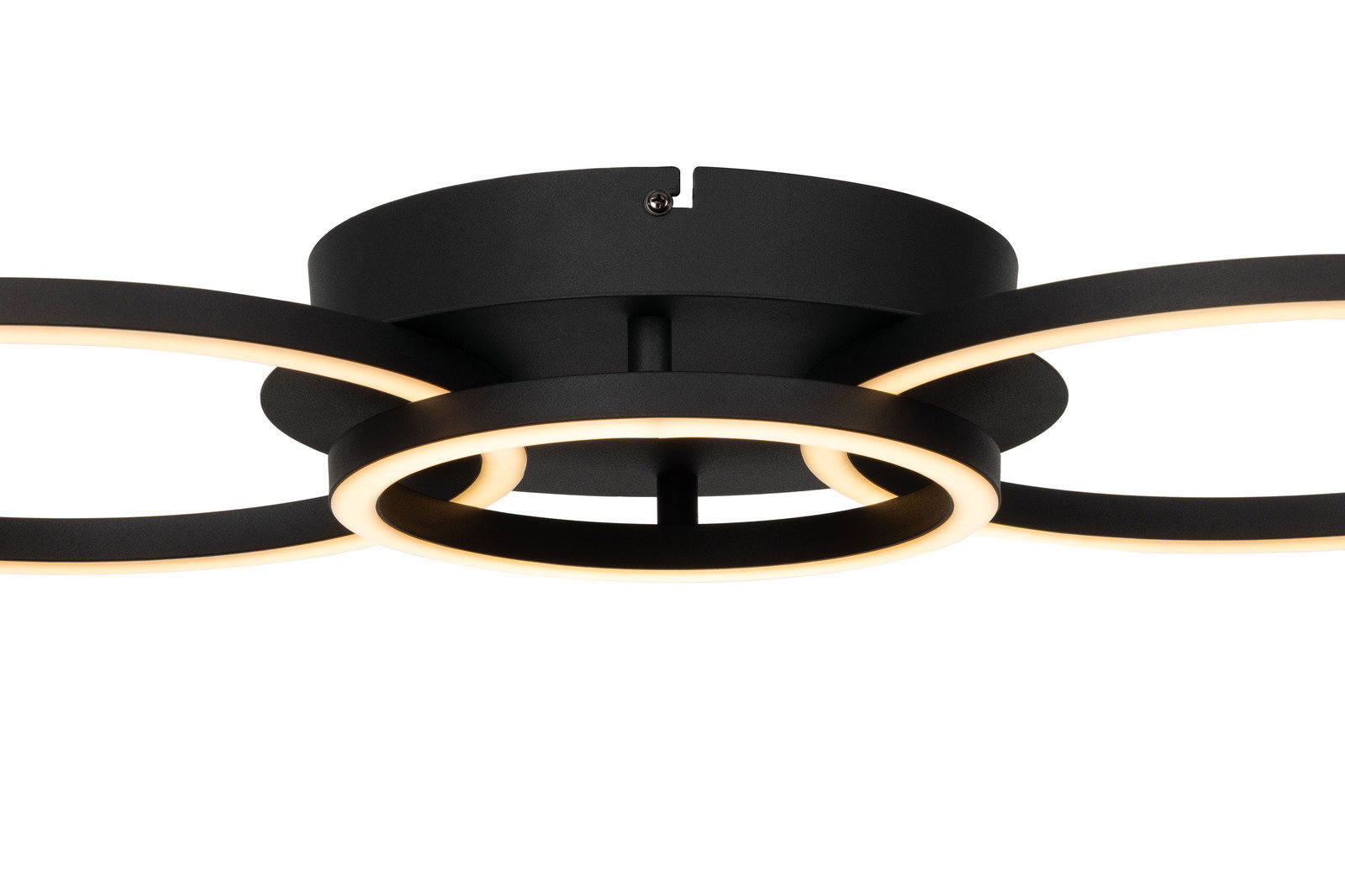 Novel LED-Deckenleuchte GIGA Moderne LED-Deckenleuchte mit schwarzen Ringen und warmweißer Beleuchtung, seitliche Perspektive