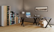 Modernes Büro-Setup mit großem grauen Schreibtisch auf X-Gestell, Rollcontainer in Weiß/Eiche und Aktenregalen; Perspektive: leicht schräg von vorn rechts, Blick in die Raumecke.