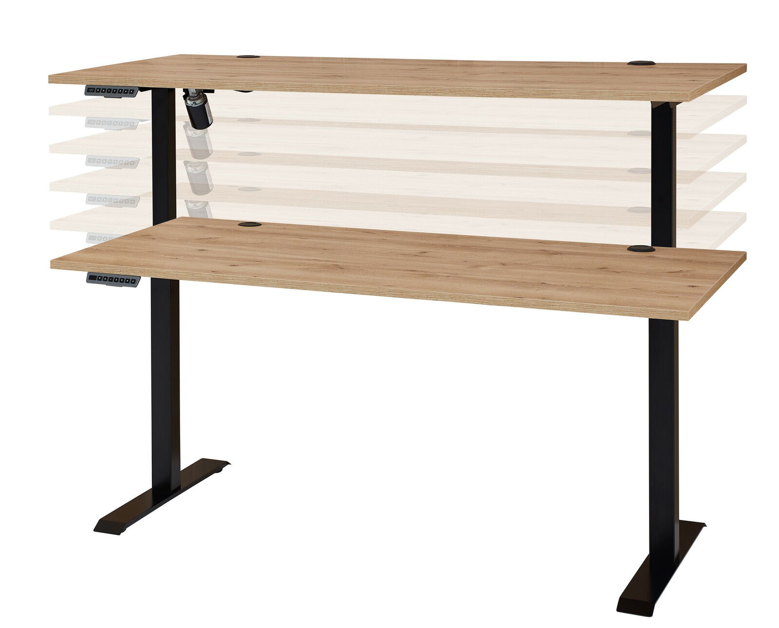 Höhenverstellbarer E-Schreibtisch aus Melamin in Holzoptik, seitliche Ansicht
