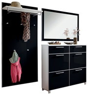 Modernes Garderoben-Set in Schwarz und Weiß mit Spiegel, Schuhschrank und Hakenleiste, seitliche Perspektive