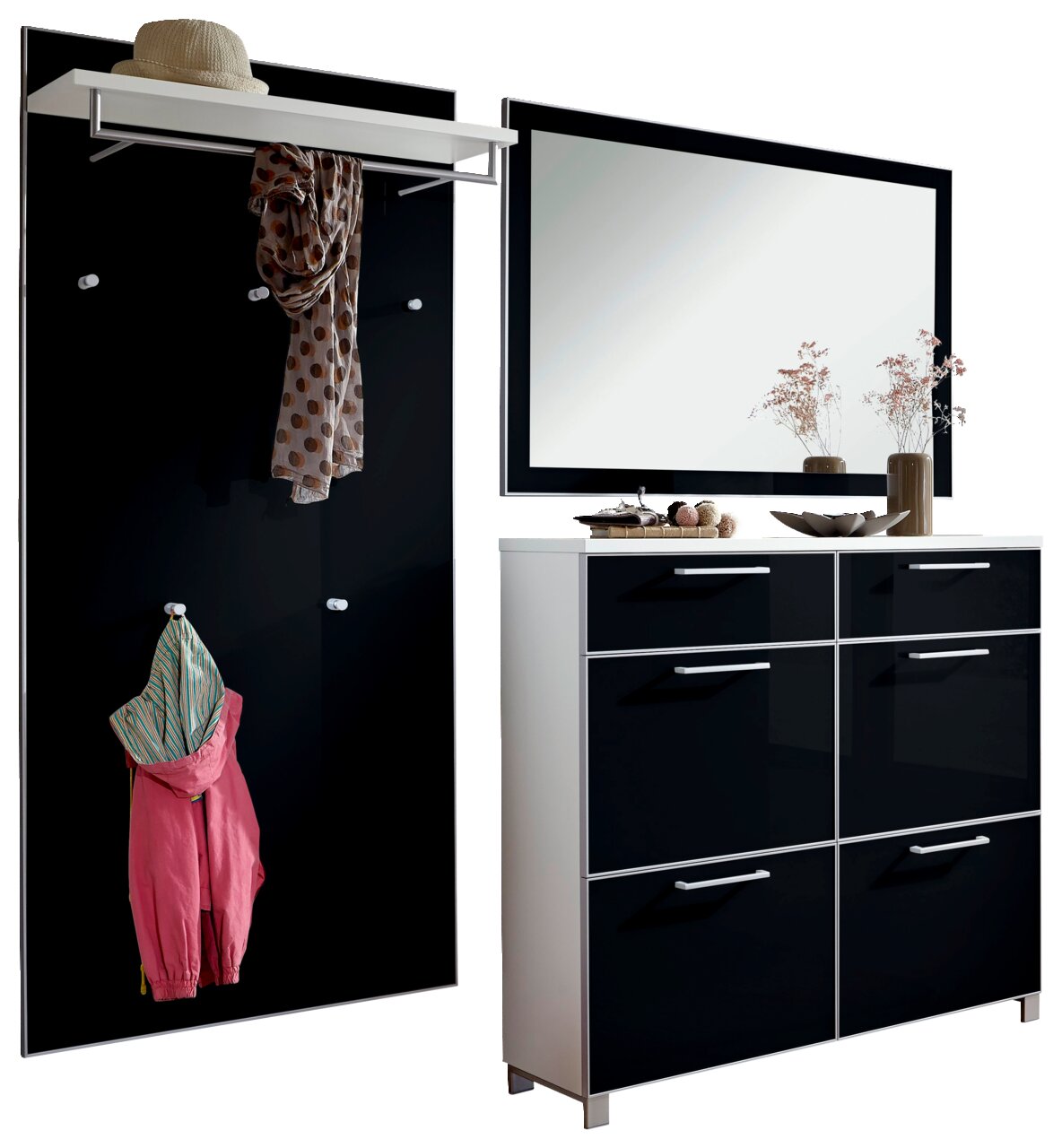 Modernes Garderoben-Set in Schwarz und Weiß mit Spiegel, Schuhschrank und Hakenleiste, seitliche Perspektive