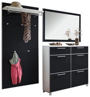 Modernes Garderoben-Set in Schwarz und Weiß mit Spiegel, Schuhschrank und Hakenleiste, seitliche Perspektive