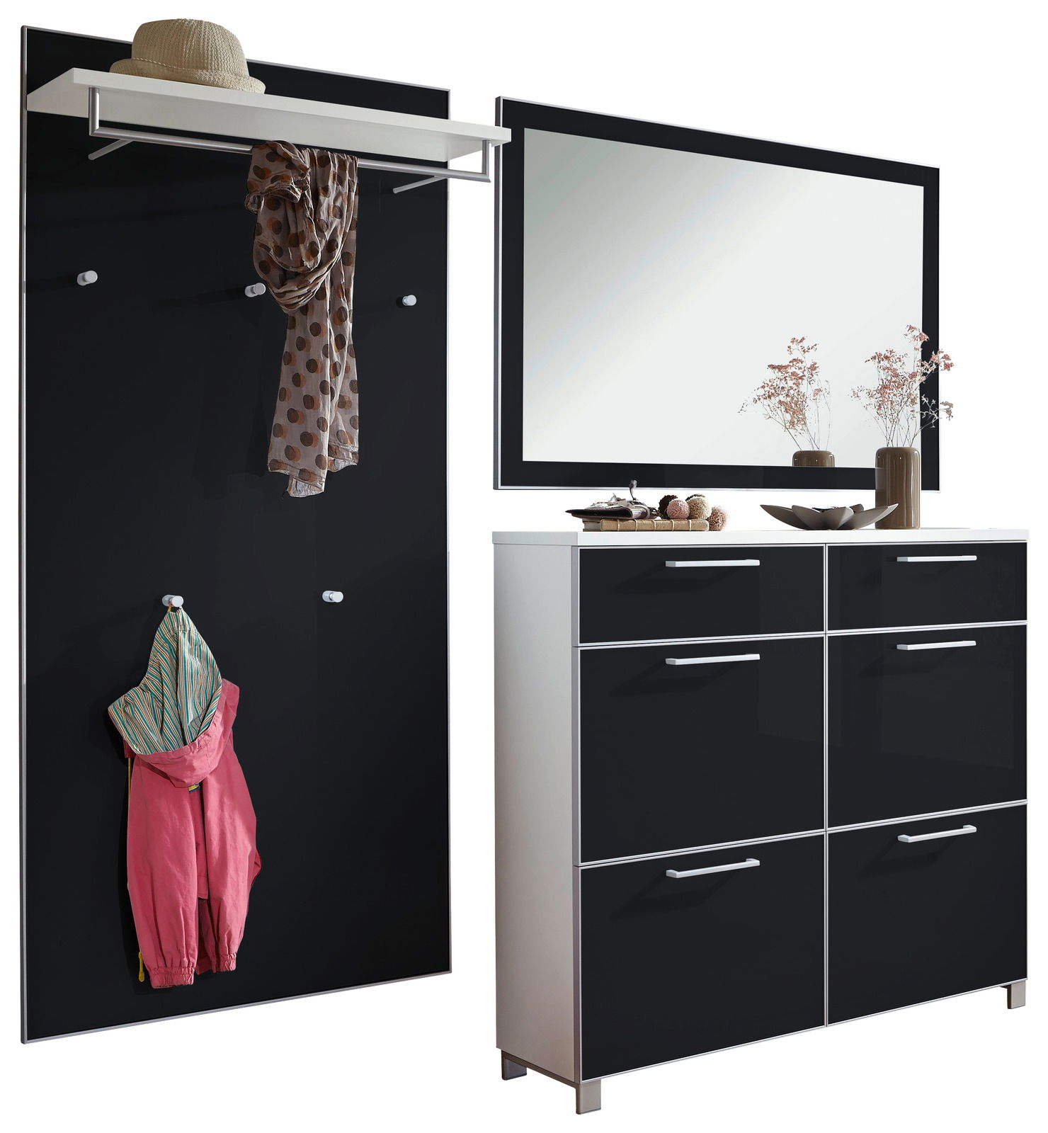 Modernes Garderoben-Set in Schwarz und Weiß mit Spiegel, Schuhschrank und Hakenleiste, seitliche Perspektive
