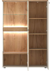 Highboard aus Holz mit Glastüren und integrierter Beleuchtung, Frontalansicht
