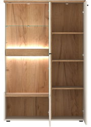 Highboard aus Holz mit Glastüren und integrierter Beleuchtung, Frontalansicht