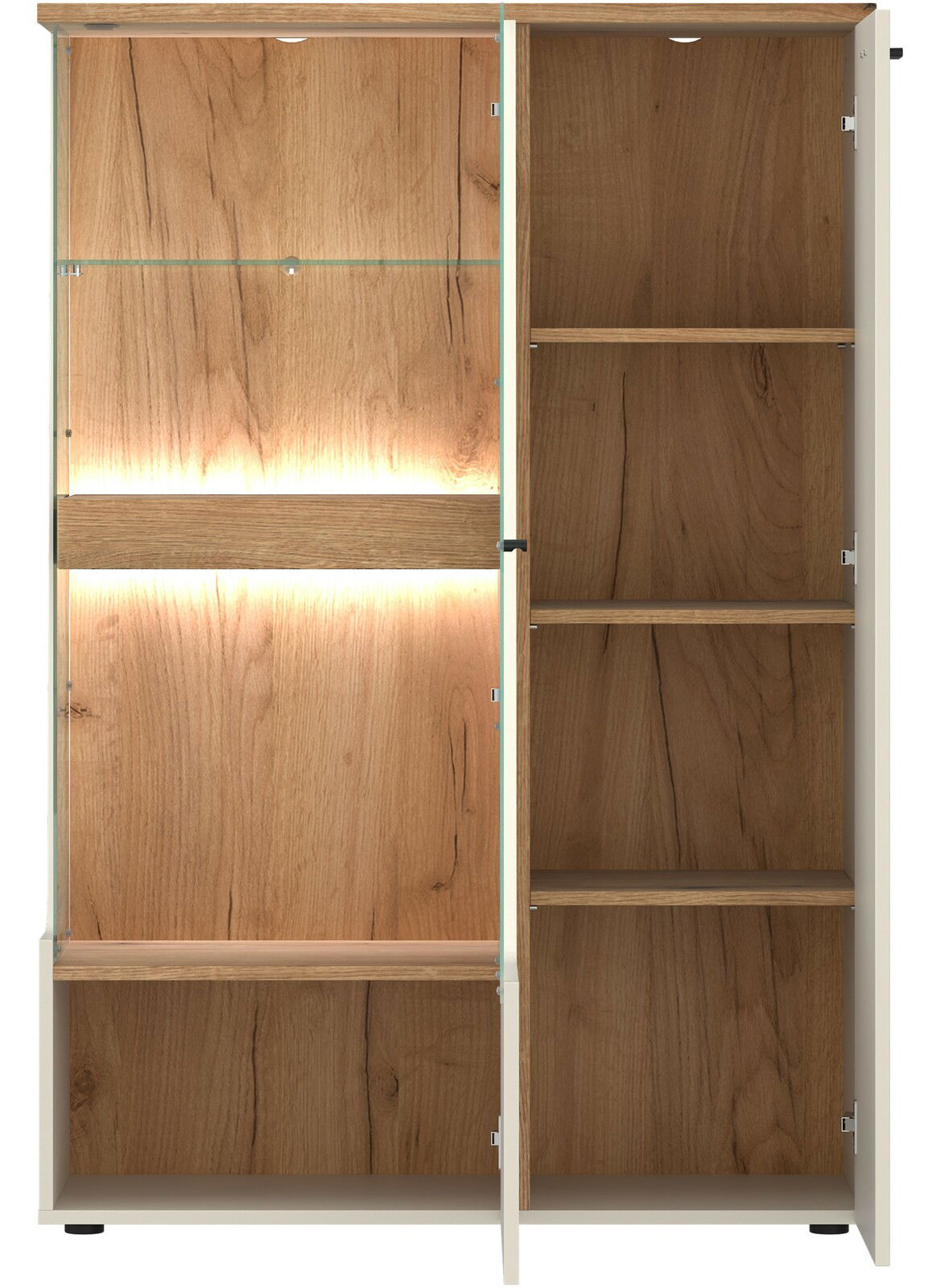 Highboard aus Holz mit Glastüren und integrierter Beleuchtung, Frontalansicht