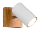 Moderner Spot MARLEY mit weißem zylindrischem Lampenschirm und Holzsockel, seitliche Perspektive