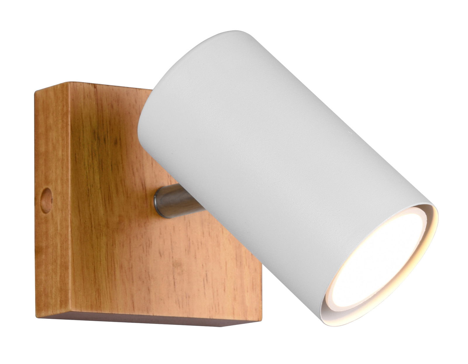 Moderner Spot MARLEY mit weißem zylindrischem Lampenschirm und Holzsockel, seitliche Perspektive