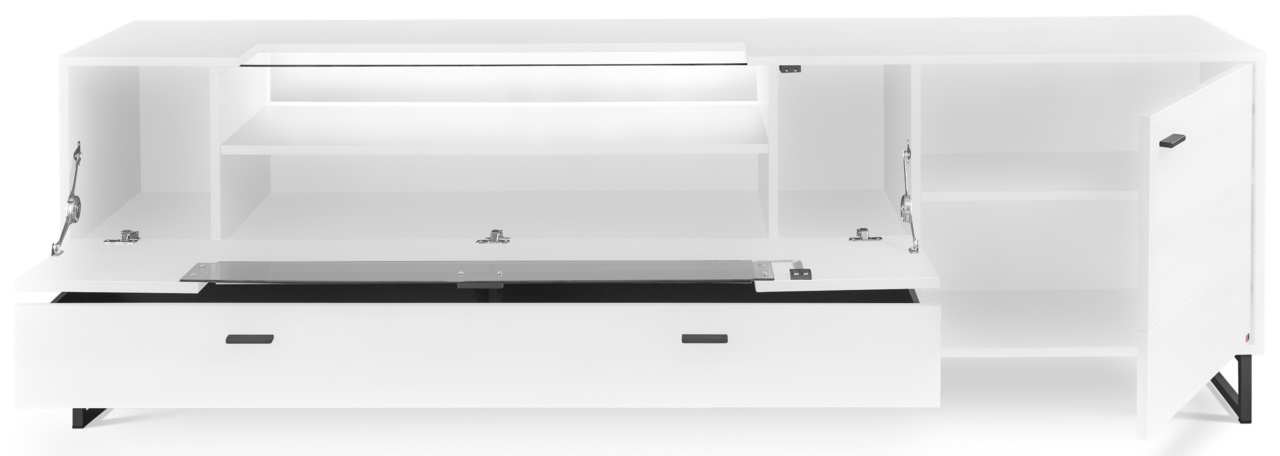 Weißes TV-Lowboard mit offenen Türen und Schubladen, frontale Ansicht