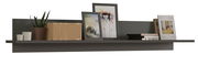 Wandboard mit Dekorationen wie Pflanzen, Bilderrahmen und Büchern, seitliche Perspektive