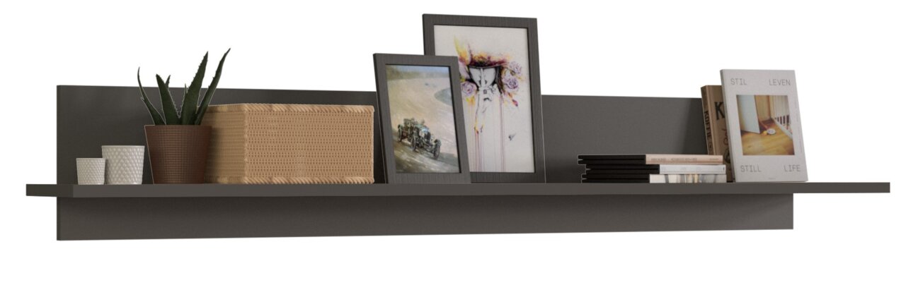Wandboard mit Dekorationen wie Pflanzen, Bilderrahmen und Büchern, seitliche Perspektive