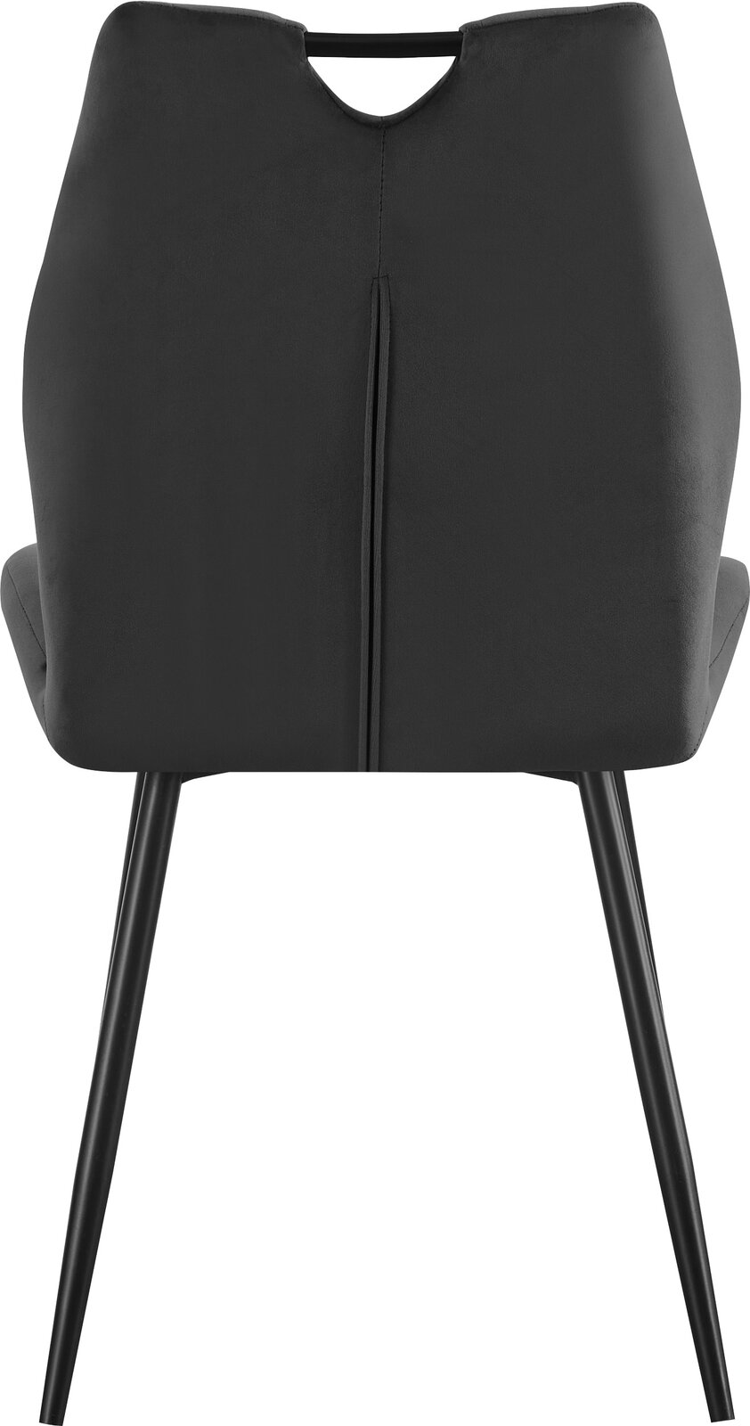 Schwarzer Polsterstuhl mit hoher Rückenlehne und schwarzen Metallbeinen, Rückansicht/Ansicht von hinten.