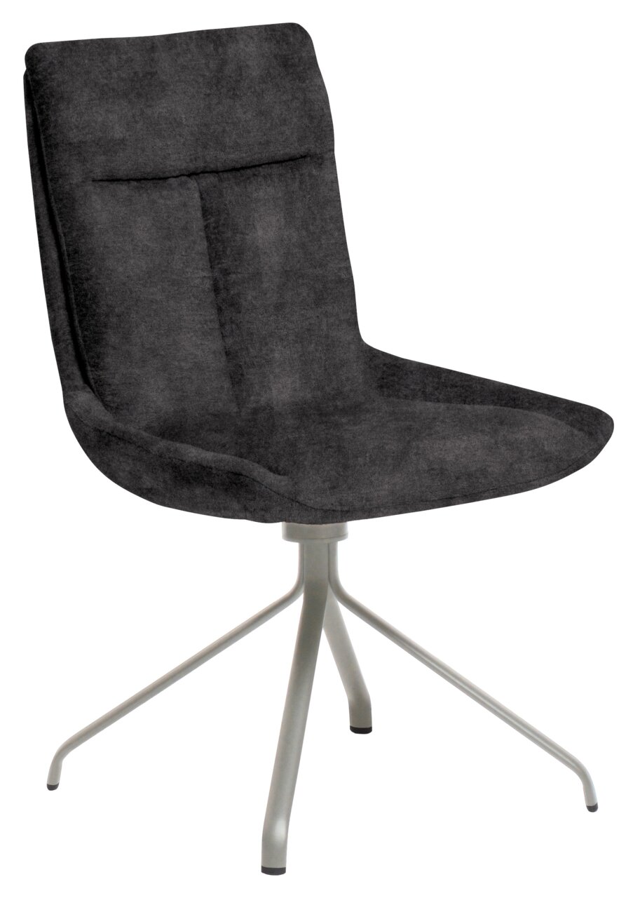 Moderner schwarzer Stuhl mit gepolsterter Sitzfläche und Rückenlehne, auf einem stabilen Metallgestell mit vier Beinen. Seitenansicht.