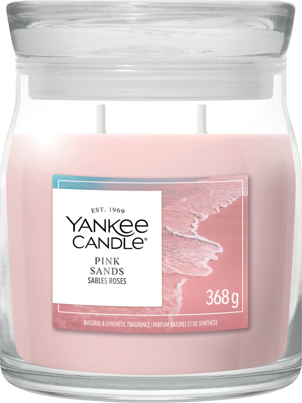 Yankee Candle Pink Sands Duftkerze mit rosafarbenem Wachs, zwei Dochten und Glasdeckel im 368-g-Glas, frontal abgebildet