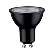 Schwarzes LED Leuchtmittel mit GU10-Sockel, seitliche Perspektive