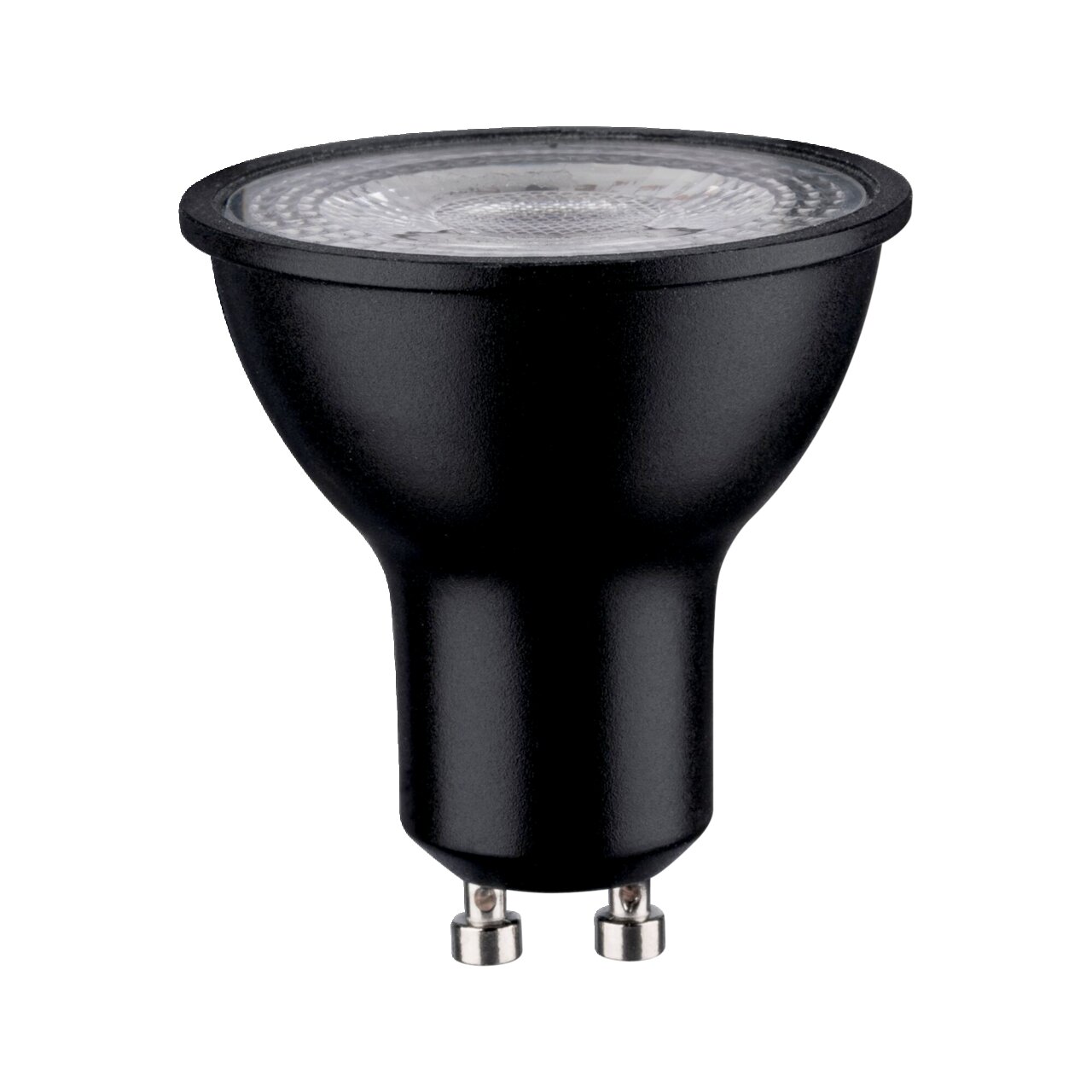 Schwarzes LED Leuchtmittel mit GU10-Sockel, seitliche Perspektive
