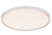 Ronde plafondlamp met witte diffuser en transparante rand, frontaal van onderen gezien op witte achtergrond
