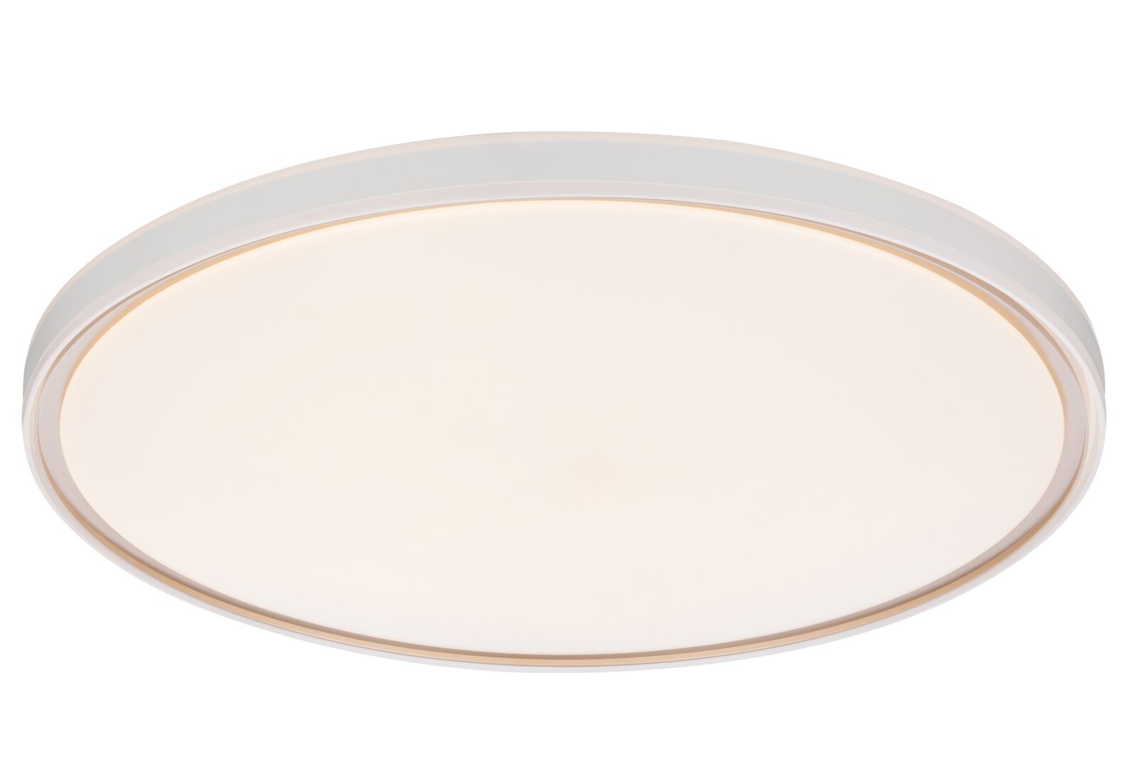 Ronde plafondlamp met witte diffuser en transparante rand, frontaal van onderen gezien op witte achtergrond