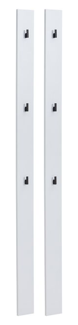 Zwei weiße Garderobenpaneele mit jeweils drei schwarzen Haken, frontal abgebildet.