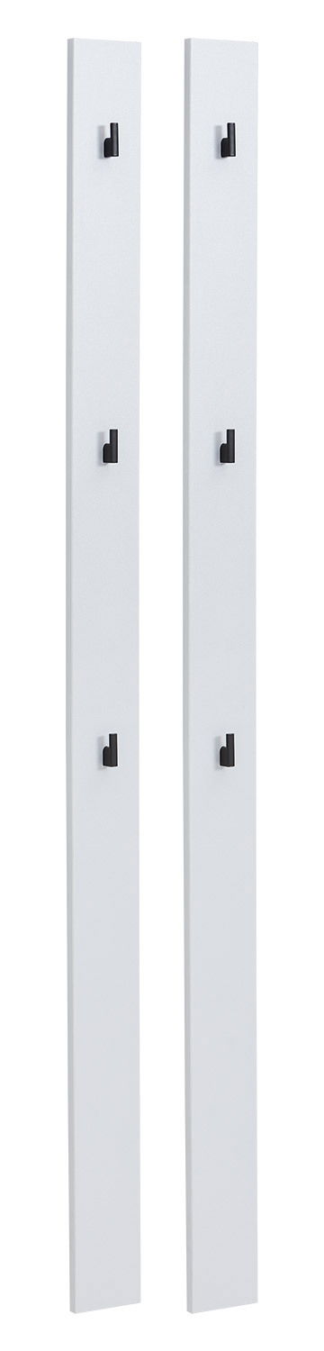 Hom´in Garderobenpaneel-Set lang JOLLY Zwei weiße Garderobenpaneele mit jeweils drei schwarzen Haken, frontal abgebildet.