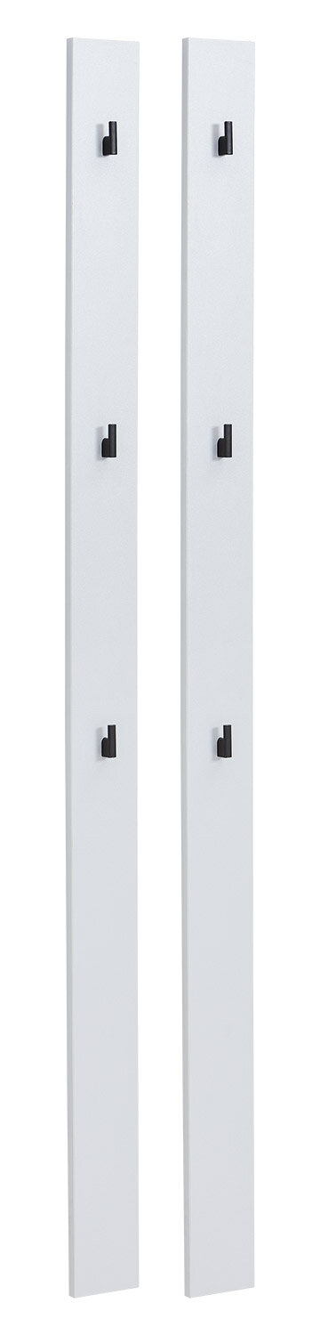 Hom´in Garderobenpaneel-Set lang JOLLY Zwei weiße Garderobenpaneele mit jeweils drei schwarzen Haken, frontal abgebildet.