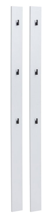 Zwei weiße Garderobenpaneele mit jeweils drei schwarzen Haken, frontal abgebildet.