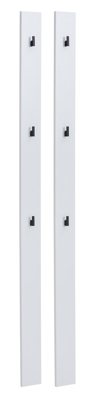 Zwei weiße Garderobenpaneele mit jeweils drei schwarzen Haken, frontal abgebildet.